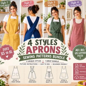 Peut inclure: Un ensemble de patrons de couture pour quatre styles de tabliers incluant tablier frontal, dos croisé, noué à la taille et encolure dégagée. Le fichier numérique inclut les tailles XS à XL, formats A0, A4 et US letter avec instructions.
