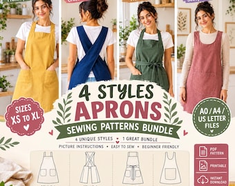 May include: A sewing pattern bundle for four apron styles including front apron, cross back, waist tie, and scoop neck designs. The digital file includes sizes XS to XL, A0, A4, and US letter formats with picture instructions for beginners.