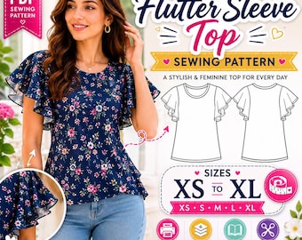 Naaipatroon blouse met fladdermouwen | Damestop pdf-patroon XS-XL | Directe download voor beginners