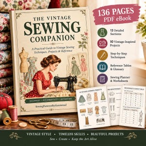Peut inclure: Un livre intitulé The Vintage Sewing Companion avec une illustration de couverture montrant une personne cousant à la machine. Le livre contient 136 pages, 13 sections, 10 projets, des techniques et des tableaux. Des fiches présentent les projets.