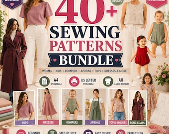 40+ Sewing Patterns Bundle Instant Download, PDF Sewing Pattern for Women Kids, Dress Romper Apron Top Digital Sewing Pattern, A4 A0 US Let