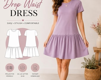 Drop waist dress sewing pattern pdf | Women Mini Dress Pattern | Easy Dress Pattern XS-XL | Digital PDF Sewing Pattern
