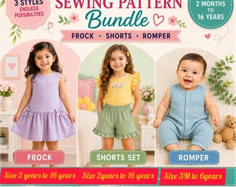 3-in-1 kindernaaipatroonbundel pdf | Zomerjurk voor meisje, set shorts met ruches en patroon babyromper | Maten: 2 maanden tot 16 jaar