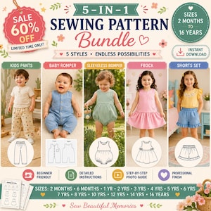 May include: A 5-in-1 sewing pattern bundle for children's clothing, featuring five styles: kids pants, baby romper, sleeveless romper, frock, and shorts set. Includes sizes from 2 months to 16 years, with detailed instructions and photo guides.