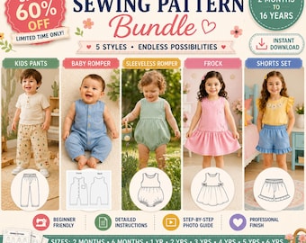 5-in-1 Kids Sewing Pattern Bundle PDF | Baby Romper, Sleeveless Romper, Girls Dress, Shorts Set & Kids Pants | Sizes 2 Months to 16 Years