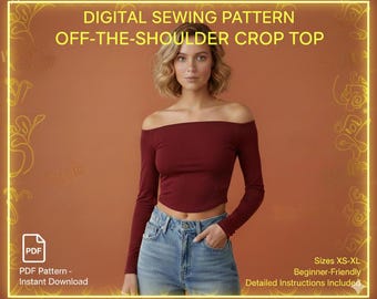 Off Shoulder Crop Top Sewing Pattern | Long Sleeve Bardot Top PDF Pattern | Instant Download | Sizes XXS-XXL | Beginner Friendly Knit Top Pa
