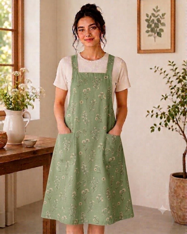 May include: A sage green pinafore apron featuring a delicate white floral pattern, a square neckline, thick shoulder straps, and two large front patch pockets. The apron is worn over a plain, short-sleeved, light beige crew-neck t-shirt.