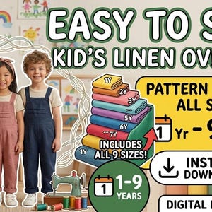 Puede incluir: Imagen de tres niños con monos de lino amarillos, rosas y azul marino. La imagen incluye el texto "EASY TO SEW! KID'S LINEN OVERALLS" y "PATTERN INCLUDES ALL SIZES!" para edades de 1 a 9 años. Hay un patrón PDF digital disponible.