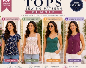 Naaipatroonbundel damestops, pdf-naaipatronen XS-3XL, patroon fladdermouwen, patroon peplumtop, zomertankpatroon, knoop