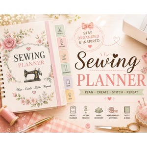 Puede incluir: Un planificador de costura de espiral con cubierta color crema, ilustraciones florales rosas, un gráfico de máquina de coser vintage y el texto "SEWING PLANNER Plan - Create - Stitch - Repeat." Incluye pestañas para proyectos, patrones, telas y notas.