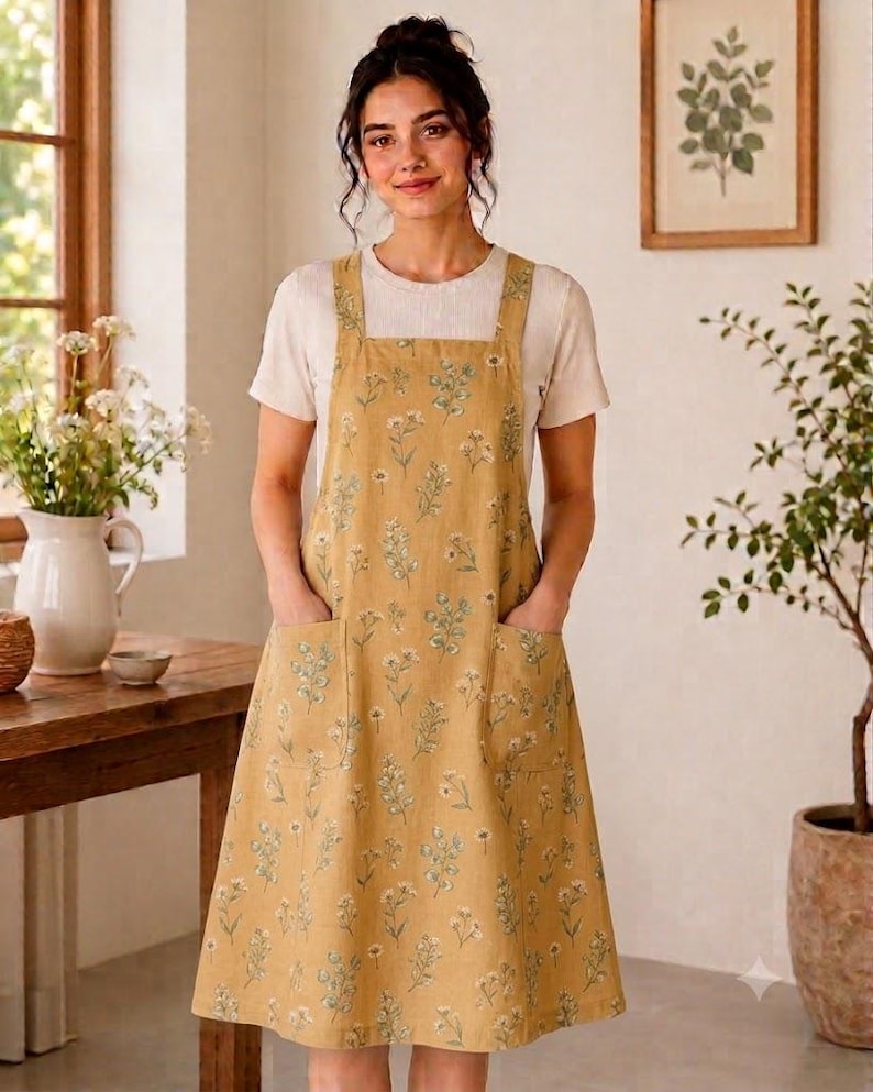 May include: A mustard yellow apron featuring a repeating pattern of small white and green wildflowers. The apron has a square neckline, thick shoulder straps, and two large square patch pockets on the front, worn over a plain white short-sleeved shirt.