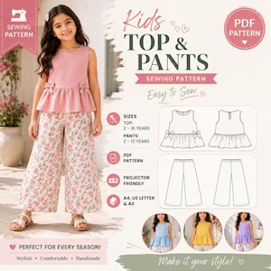 Op de afbeelding: Een naaipatroon voor een kindertop en broek. De afbeelding toont een mouwloze roze peplumtop met strikjes aan de zijkant en een wijde broek met bloemenprint. Inclusief technische lijntekeningen, maattabellen en het PDF-bestandsformaat.