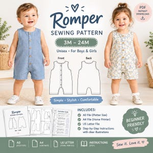 Peut inclure: Un patron de couture numérique pour barboteuse bébé, tailles 3M-24M. L'image montre deux enfants portant des barboteuses, une bleue unie et une à motif floral. Elle inclut des dessins techniques, une liste de formats et des étiquettes.