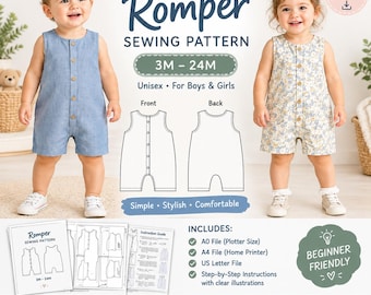 Baby Romper Sewing Pattern PDF | Unisex Toddler Romper Pattern | Baby Boy & Girl Romper | 3M-24M | Beginner Friendly