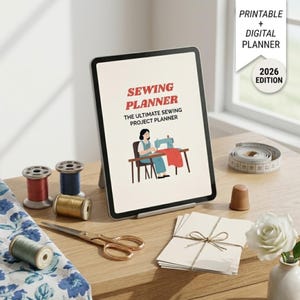 May include: A digital sewing planner on a tablet, with the text "Sewing Planner" and "The Ultimate Sewing Project Planner." The image includes spools of thread, scissors, a measuring tape, and a thimble. The planner is the 2026 edition.