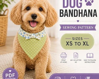 Reversible Dog Bandana Sewing Pattern Pdf , Tie On Pet Bandana DIY, Beginner Sewing Tutorial, All Sizes XS to XL, Instant Digital Download