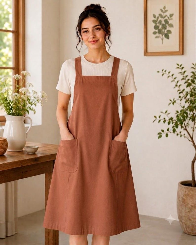 May include: A solid rust-colored apron featuring a square neckline, wide shoulder straps, and two large patch pockets on the front. The apron has a simple, clean design with a straight hemline that falls below the knees, providing full coverage.