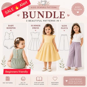May include: A sewing pattern bundle for children, including a baby romper, summer dress, and kids' trousers. The image shows illustrations of the garments, photos of children wearing the clothes, and text that says "Beginners friendly".