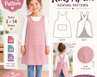 Kids Apron Sewing Pattern PDF, Cross Back Apron Pattern for Children, Toddler & Kids Apron with Pocket, Sizes 2–14 Years, A0 A4 US Letter