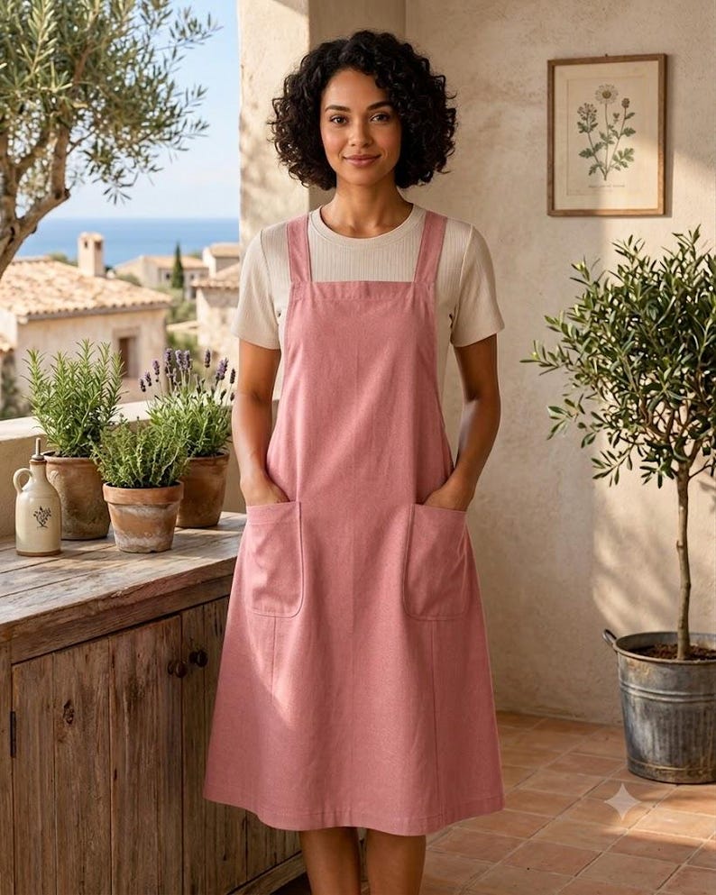 May include: A dusty rose pinafore dress featuring a square neckline, thick shoulder straps, and two large patch pockets on the front. The dress is worn over a short-sleeved, cream-colored ribbed knit top with a round neckline and a fitted silhouette.