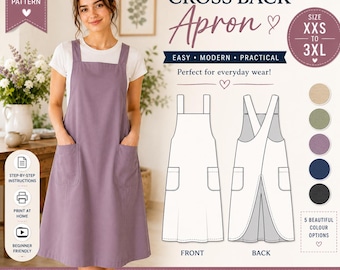 Naaipatroon schort kruis rug pdf | Patroon schort Japanse stijl | Overgooier voor dames | XXS-3XL Inclusief maten | Direct downloaden