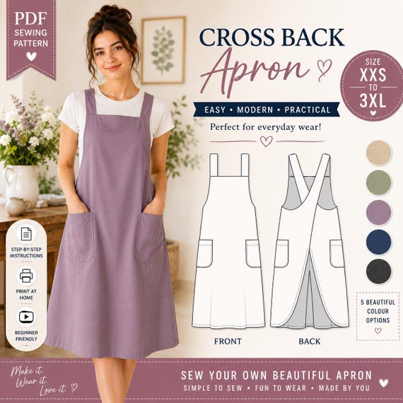 Cross Back Apron Sewing Pattern PDF | Japanese Style Apron Pattern | Women's Pinafore Apron | XXS-3XL Size Inclusive | Instant Download