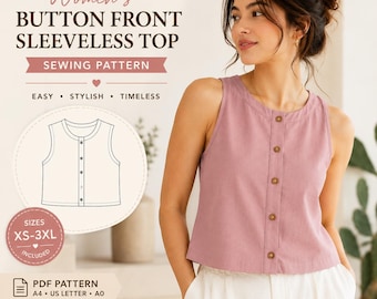 Naaipatroon tanktop pdf, patroon zomertop dames, mouwloos blousepatroon, XS-3XL, digitale download, eenvoudig naaiproject