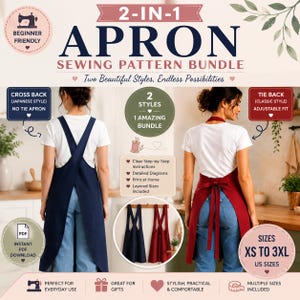 Op de afbeelding: Een 2-in-1 schort naaipatroonbundel met twee stijlen: een marineblauw schort met gekruiste rug in Japanse stijl en een rood schort met striksluiting in klassieke stijl. Het digitale product bevat duidelijke stapsgewijze instructies, gedetailleerde diagrammen en gelaagde maten van XS tot 3XL.