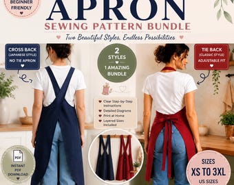 May include: A 2-in-1 apron sewing pattern bundle featuring two styles: a navy blue cross-back Japanese style apron and a red tie-back classic style apron. The digital product includes clear step-by-step instructions, detailed diagrams, and layered sizes from XS to 3XL for home printing.