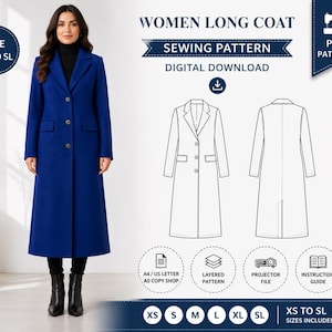 Könnte beinhalten: Eine Frau trägt einen langen, königsblauen Mantel. Das Bild zeigt ein Schnittmuster für einen langen Mantel mit dem Text "WOMEN LONG COAT SEWING PATTERN DIGITAL DOWNLOAD." Das Muster umfasst die Größen XS bis SL.