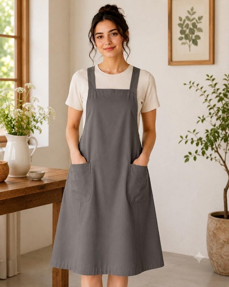 May include: A charcoal gray apron featuring a square neckline, wide shoulder straps, and two large patch pockets on the front. The apron is worn over a short-sleeved, cream-colored ribbed t-shirt, creating a layered look with a simple, clean silhouette.