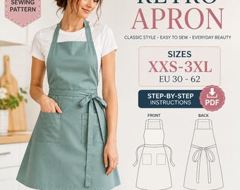 Retro Pinafore Apron Sewing Pattern PDF, Vintage Bib Apron with Pockets, Women’s Kitchen Apron Pattern XXS-3XL, Instant Download