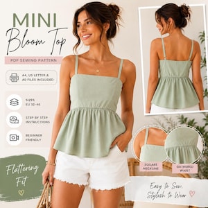 ミニブルームトップの型紙（PDF）｜ペプラムキャミソールトップの型紙｜レディースサマートップ｜デジタルPDF型紙｜サイズ：XS～3XL｜A4＆USレター