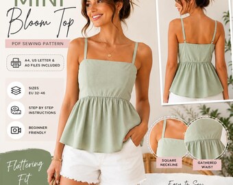 Mini Bloom Top Sewing Pattern pdf | Peplum Cami Top Pattern | Women's Summer Top | Digital PDF Pattern | Sizes XS–3XL | A4 & US Letter