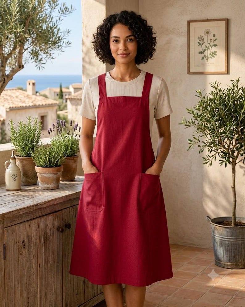 May include: A deep red apron featuring a square neckline, thick shoulder straps, and two large front patch pockets. The apron is worn over a short-sleeved, cream-colored ribbed shirt, creating a layered look with a simple, functional design.