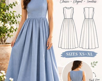 Women’s Dress Sewing Pattern PDF | Sleeveless Midi A Line Dress Pattern | Fit and Flare Dress | Digital Sewing Pattern | XS-XL