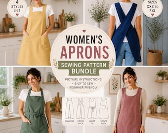Apron Sewing Pattern Bundle PDF | 4 Apron Patterns | Cross Back Apron | Pinafore Apron | Kitchen Apron | XXS-3XL | Easy Sewing Pattern