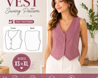 Women Vest Sewing Pattern PDF, Waistcoat Pattern, Button Front Vest, XS_XL, A4 US Letter A0