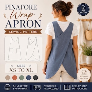 Könnte beinhalten: Ein Schnittmuster für eine blaue Wickelschürze mit dem Text PINAFORE WRAP APRON SEWING PATTERN, SIZES XS TO XL, PDF PATTERN, BEGINNER FRIENDLY, A4, US LETTER & A0 FORMATS, PROJECTOR FILE INCLUDED und STEP-BY-STEP INSTRUCTIONS.