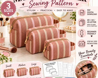 Makeup Organizer Sewing Pattern, Cosmetic Bag PDF Pattern, 3 Sizes, A0 A4 US Letter, Zipper Pouch Pattern, Beginner Friendly