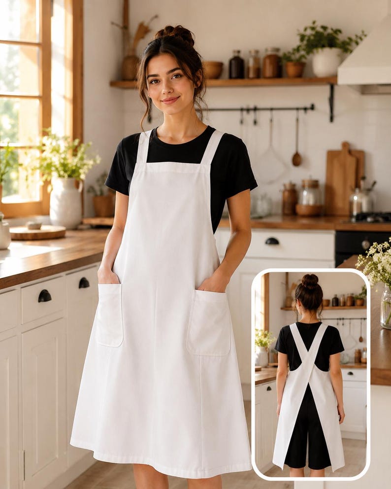 May include: A solid white apron featuring a square neckline, thick shoulder straps, and two large front patch pockets. The design includes a full-length skirt and a cross-back strap configuration, shown from both the front and back perspectives.
