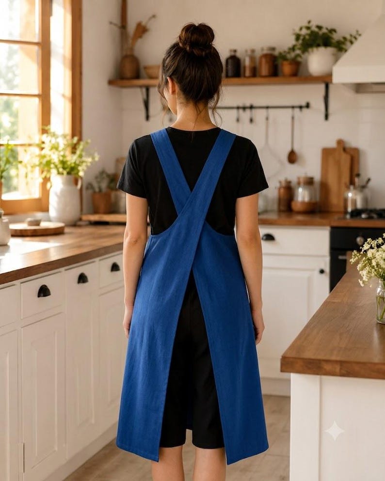 May include: A solid blue apron featuring a cross-back design with wide shoulder straps that overlap at the back. The apron has a straight hemline that falls below the waist, providing full coverage over a black short-sleeved shirt and black pants.