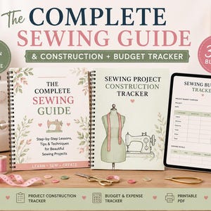 May include: A 3-in-1 sewing bundle featuring The Complete Sewing Guide, a Sewing Project Construction Tracker, and a Sewing Budget Tracker. The items are displayed with a sewing machine, pink measuring tape, thread spools, and pins.