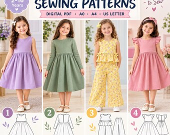 May include: A digital PDF sewing pattern set for kids aged 2-16 years, featuring four designs: a sleeveless lavender dress, a long-sleeved sage green dress, a yellow floral top and pants set, and a pink ruffled-sleeve dress with line art illustrations.