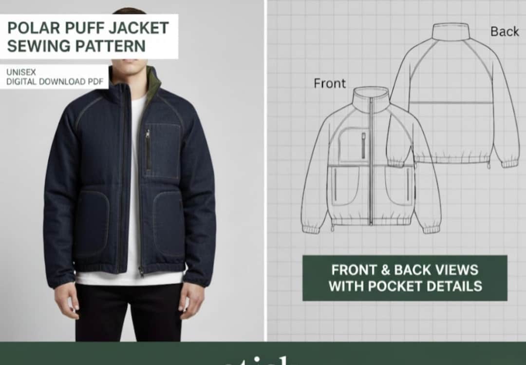 Puffer Pattern Polar Puff Jacket Sewing Pattern | High Collar Raglan Sleeve Jacket PDF ...