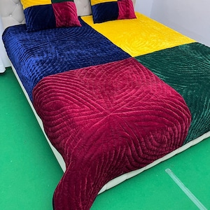 Velvet Patchwork Quilt Set – Multicolor Diagonal Quilted Bedding With Pillow Covers