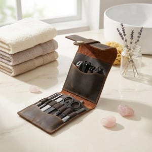 Leather Manicure Set Case | Handmade Oil Nubuck Leather Grooming Tool Pouch | Magnetic Nail Care Organizer | Travel Manicure Kit Holder