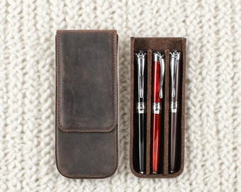 Leather Pen Case for 3 Pens | Magnetic Closure Fountain Pen Case | Crazy Horse Leather Pen Holder with Removable Tray |Teacher, Student Gift