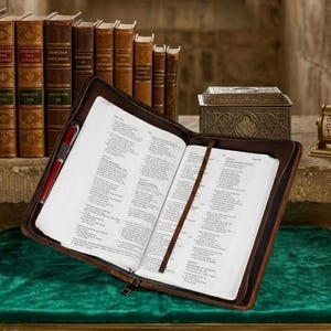 May include: A dark brown leather zippered book cover holding an open book with white pages and black text. A red pen is tucked into the interior side of the cover. A thin brown ribbon bookmark rests between the pages of the open book.