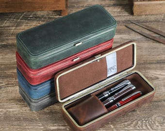 Personalized Leather Fountain Pen Case|Gift for Writer | 3 Pen Holder with Metal Frame | Handmade Luxury Pen Box | Executive Gift for Him